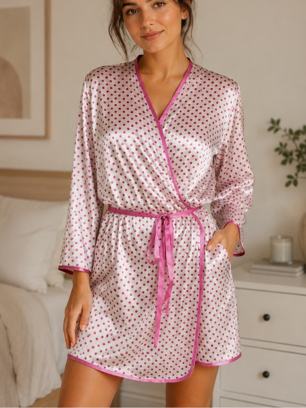 WinterSilks Pink Polka Dot Silk Bamboo Wrap Short Robe vintage